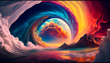 Fantastical planet with swirling clouds and colorful landscapes. Generative AI Illustrationの素材