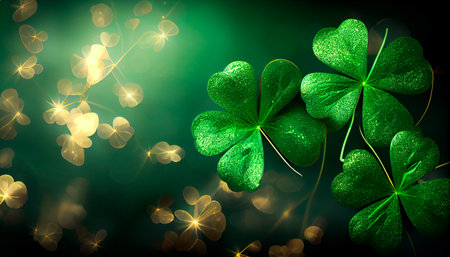 Festive background with shining clover shamrocks and golden bokeh. St. Patrick's Day backdrop. Generative AI technologyの素材