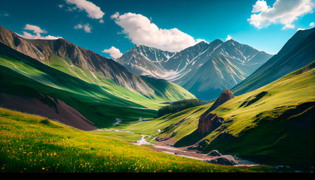 Fantastic mountain scenery on a warm summer day. Scene from the Caucasus Mountains depicting an alpine green meadow. Beautiful Svaneti mountain valley. Grasslands that provide a nutritious die. Generative AI technologyの素材