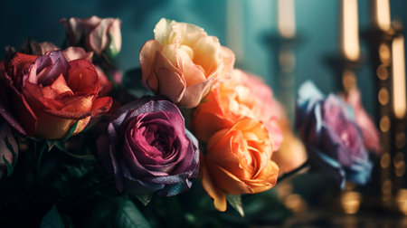 Classic deep colorful roses bouquet on blurred background. Generative AI illustrationの素材