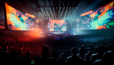Esports arena filled with cheering fans and colorful LED lights. Players compete on a large stage in front of a massive screen displaying the game. Generative AI technologyの素材