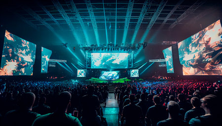 Esports arena filled with cheering fans and colorful LED lights. Players compete on a large stage in front of a massive screen displaying the game. Generative AI technologyの素材