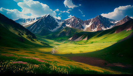 Fantastic mountain scenery on a warm summer day. Scene from the Caucasus Mountains depicting an alpine green meadow. Beautiful Svaneti mountain valley. Grasslands that provide a nutritious die. Generative AI technologyの素材