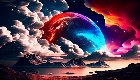 Fantastical planet with swirling clouds and colorful landscapes. Generative AI Illustrationの素材