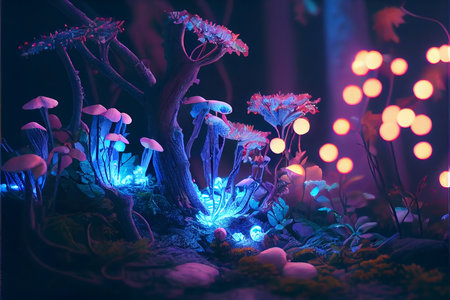 Fairy forest at night, fantasy glowing flowers and lights. Generative Aの素材