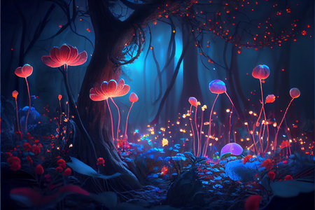 Fairy forest at night, fantasy glowing flowers and lights. Generative Aの素材