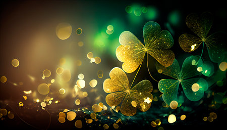 Festive background with shining clover shamrocks and golden bokeh. St. Patrick's Day backdrop. Generative AI technologyの素材