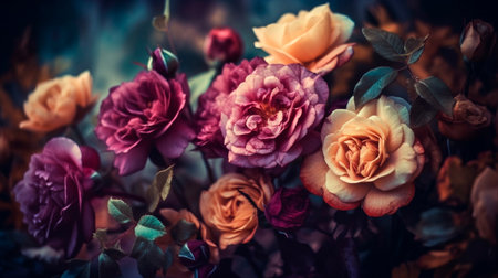 Classic deep colorful roses bouquet on blurred background. Generative AI illustrationの素材