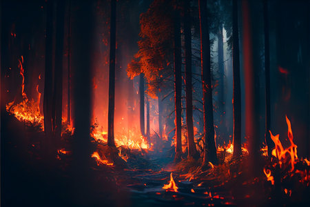 Forest fire with trees in fire. Generative AIの素材