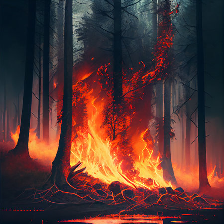 Forest fire with trees in fire. Generative AIの素材