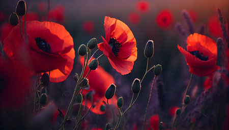 Flowers Red poppies blossom on wild field. Beautiful field red poppies with selective focus. Red poppies in soft light. Opium poppy. natural drugs. Generative AI Illustrationの素材