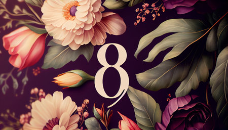 Floral Wallpaper with Number 8, copy-space, Botanical Design to Celebrate International Women's Day. Generative AI illustrationの素材