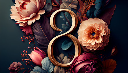 Floral Wallpaper with Number 8, copy-space, Botanical Design to Celebrate International Women's Day. Generative AI illustrationの素材