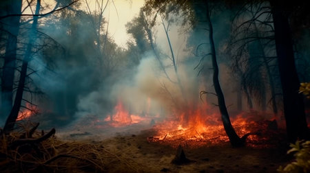 Forest fire with trees in fire. Generative AI illustratorの素材