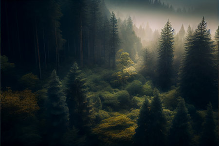 Coniferous foggy forest in the mountains. Generative AI.の素材
