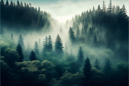 Coniferous foggy forest in the mountains. Generative AI.の素材