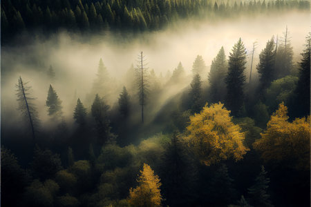 Coniferous foggy forest in the mountains. Generative AI.の素材