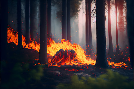 Forest fire with trees in fire. Generative AIの素材
