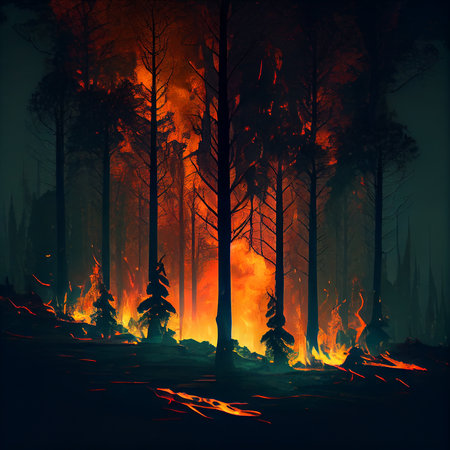 Forest fire with trees in fire. Generative AIの素材