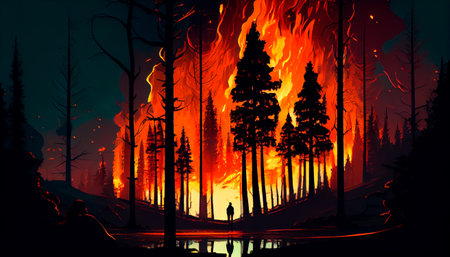 Forest fire with trees in fire. Generative AI illustrationの素材
