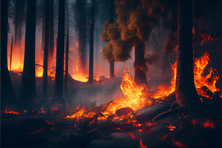Forest fire with trees in fire. Generative AIの素材