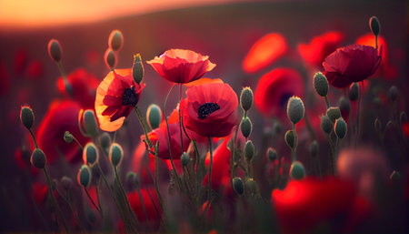 Flowers Red poppies blossom on wild field. Beautiful field red poppies with selective focus. Red poppies in soft light. Opium poppy. natural drugs. Generative AI Illustrationの素材