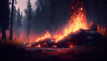Forest fire with trees in fire. Generative AI illustrationの素材
