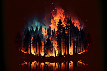 Forest fire with trees in fire. Generative AIの素材