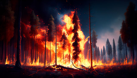 Forest fire with trees in fire. Generative AI illustrationの素材