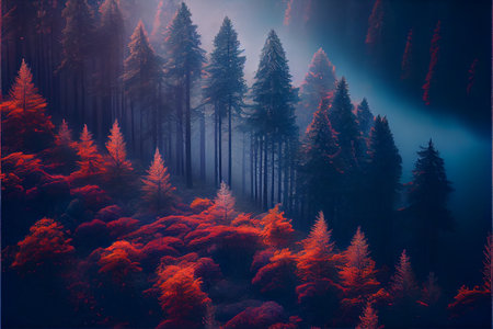 Coniferous foggy forest in the mountains. Generative AI.の素材
