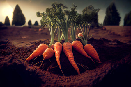 Freshly picked carrots on the soil in a field of a farm, agriculture and vegetables farming concept. Generative AIの素材
