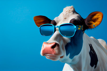 Funny cow with sunglasses in front of blue studio background. Generative AI.の素材