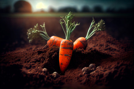Freshly picked carrots on the soil in a field of a farm, agriculture and vegetables farming concept. Generative AIの素材