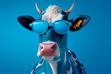 Funny cow with sunglasses in front of blue studio background. Generative AI.の素材