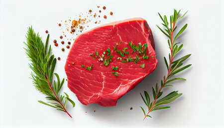 Fresh raw beef steak, top view, isolated on white. Generative AIの素材