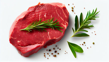 Fresh raw beef steak, top view, isolated on white. Generative AIの素材