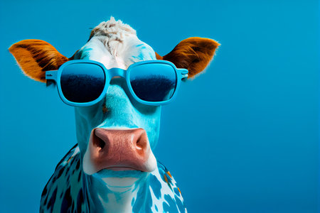 Funny cow with sunglasses in front of blue studio background. Generative AI.の素材