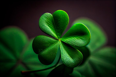 Four-leaf green clover for good luck on St. Patrick's Day, bright green background, holiday concept of spring, plant clover symbol. Generative AIの素材