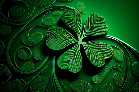 Four-leaf green clover for good luck on St. Patrick's Day, bright green background, holiday concept of spring, plant clover symbol. Generative AIの素材