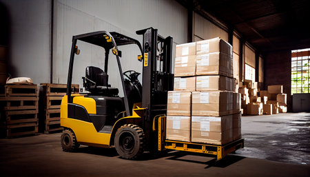 Forklift loads pallets and boxes in warehouse. Generative AI technologyの素材