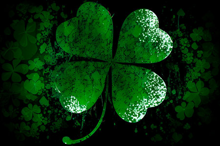 Four-leaf green clover for good luck on St. Patrick's Day, bright green background, holiday concept of spring, plant clover symbol. Generative AIの素材