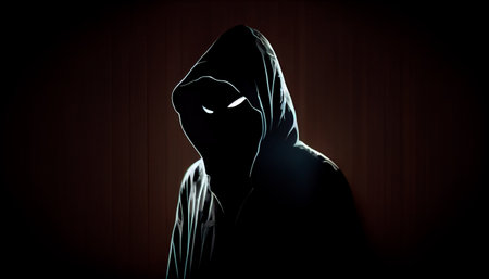Ghost hacker criminal scary hood anonymous creepy devil danger silhouette shadow black face fear horror night character symbol identity hooligan unknow happy halloween cyber copy space . Generative AIの素材