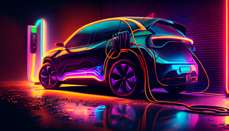 The silhouette of an electric EV is visible. Generative AIの素材