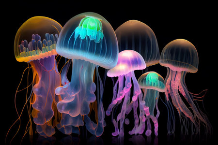 glowing sea jellyfishes on dark background. Generator AIの素材