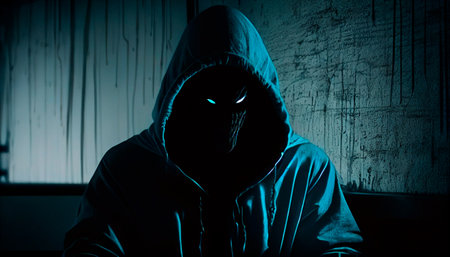 Ghost hacker criminal scary hood anonymous creepy devil danger silhouette shadow black face fear horror night character symbol identity hooligan unknow happy halloween cyber copy space . Generative AIの素材