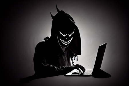 Ghost hacker criminal scary hood anonymous creepy devil danger silhouette shadow black face fear horror night character symbol identity hooligan unknow happy halloween cyber copy space . Generative AIの素材