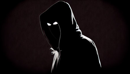 Ghost hacker criminal scary hood anonymous creepy devil danger silhouette shadow black face fear horror night character symbol identity hooligan unknow happy halloween cyber copy space . Generative AIの素材