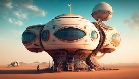 Futuristic technology concept, spaceship in the desert. Generative AIの素材