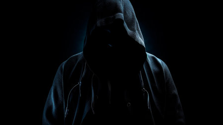 Ghost hacker criminal scary hood anonymous creepy devil danger silhouette shadow black face fear horror night character symbol identity hooligan unknow happy halloween cyber copy space. Generative AI technologyの素材