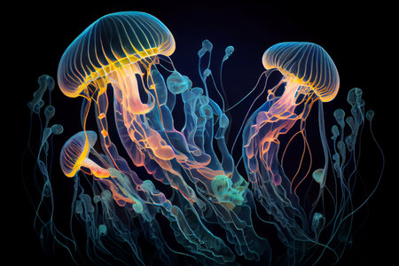 glowing sea jellyfishes on dark background. Generator AIの素材